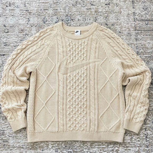 NIKE Wool Blend Cable Knit Chunky Sweater Mens S Cream / Light Beige - Picture 5 of 12